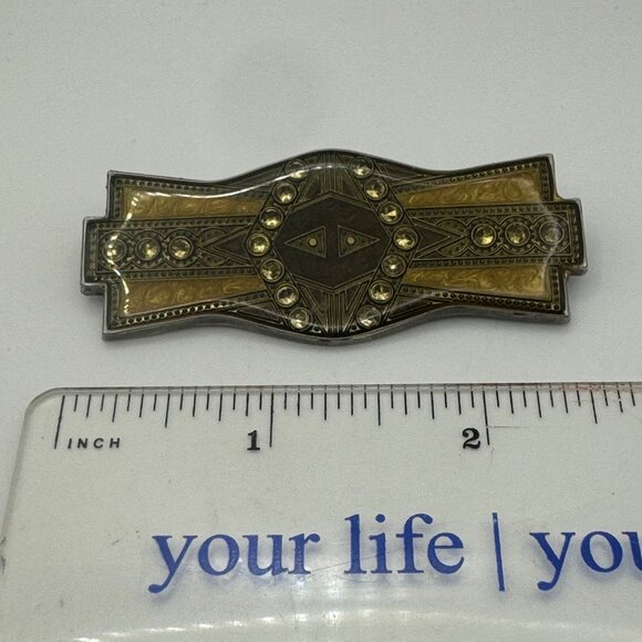 Vintage Brass & Amber-Toned Rhinestone Brooch Pin - Picture 3 of 4